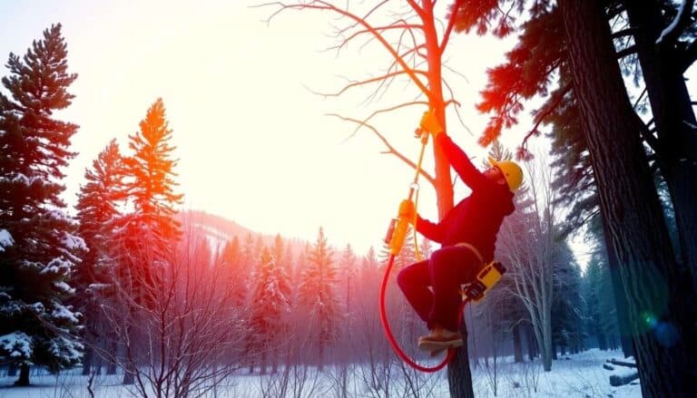 A person pruning a tree in winter with snow-covered ground in Colorado Springs.